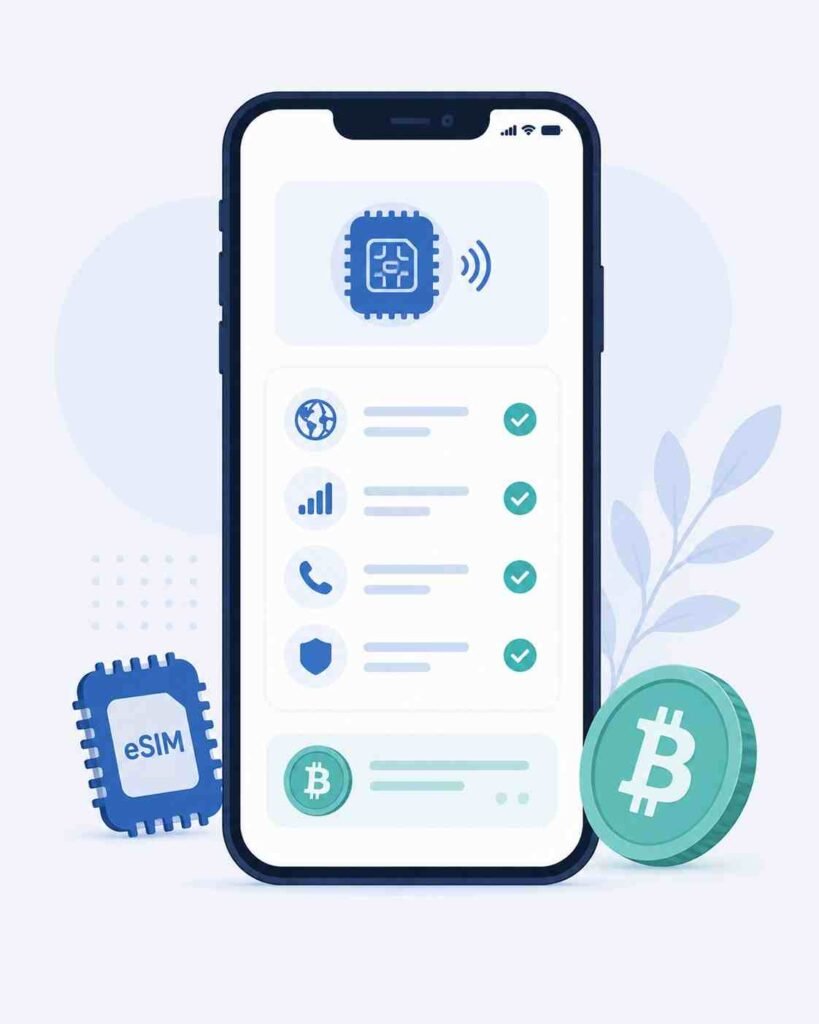 Smartphone displaying a feature checklist with an eSIM icon and cryptocurrency icon representing a service snapshot