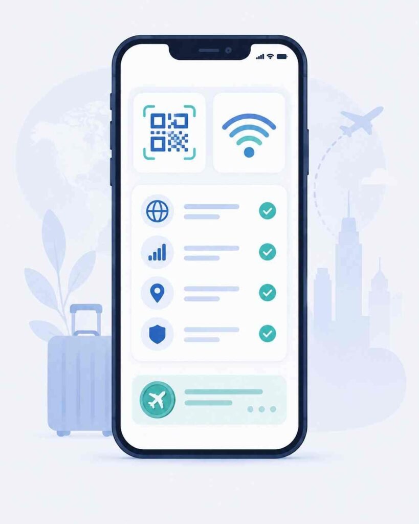 Smartphone displaying a feature checklist with a QR code and signal icon representing a travel connectivity snapshot