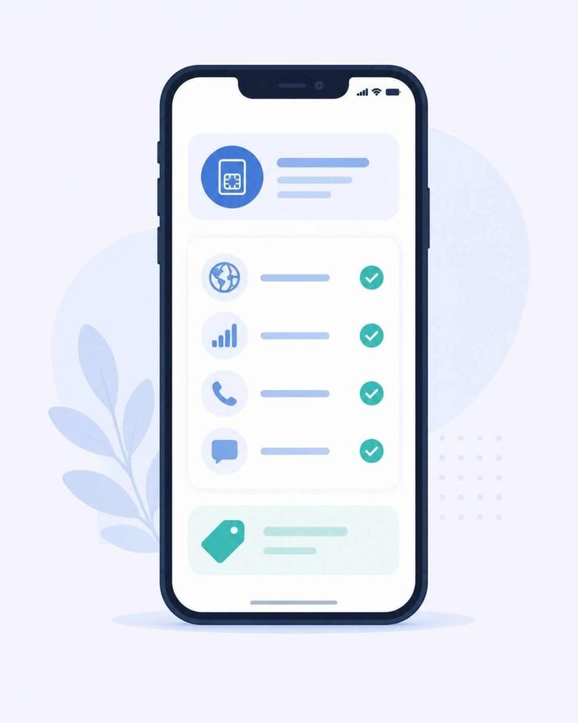 Smartphone displaying a feature checklist and price tag icon representing a service snapshot