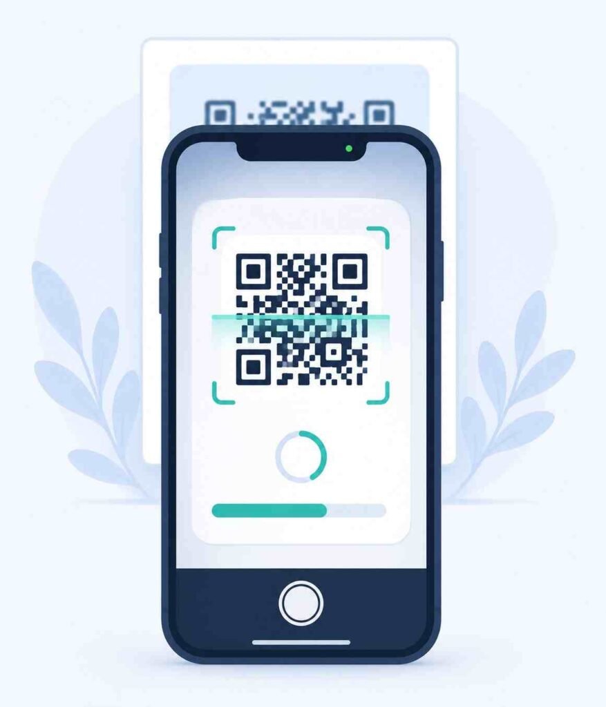 Smartphone scanning a QR code with a loading progress indicator representing eSIM activation