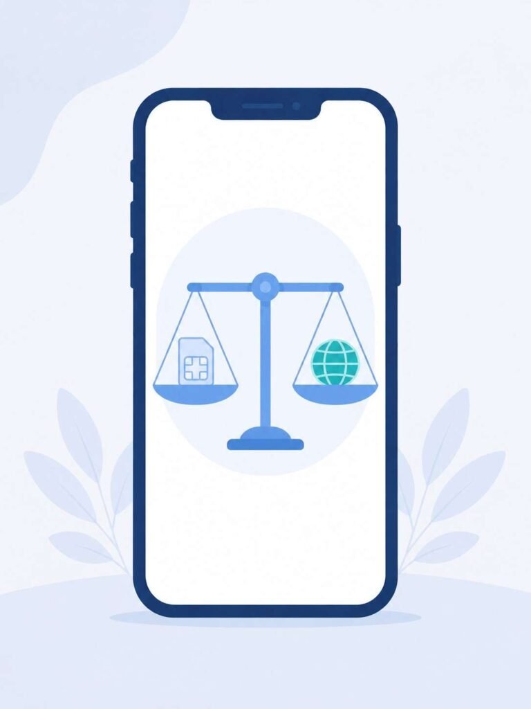 Smartphone with a balance scale comparing an eSIM chip icon against a roaming globe icon