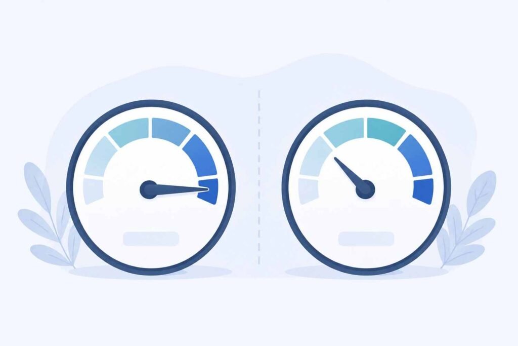 Two speedometer icons showing full speed and reduced speed representing data plan throttling