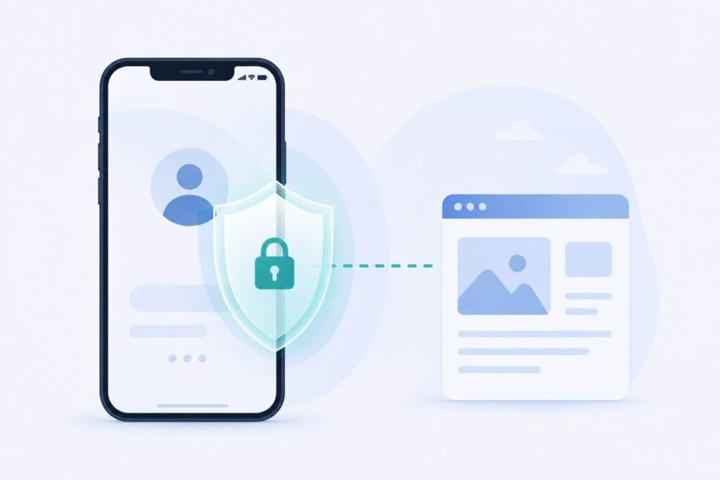 Smartphone with a shield overlay connected to a browser icon representing privacy protection for online signups