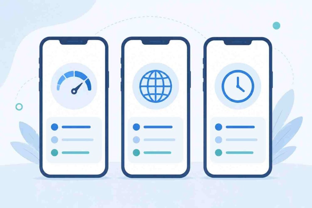 Three smartphone icons with different data plan symbols representing a comparison of USA eSIM options