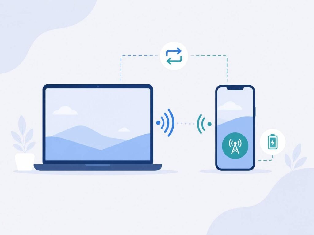 Laptop and smartphone connected by a signal icon with a backup symbol representing redundant connectivity for remote work