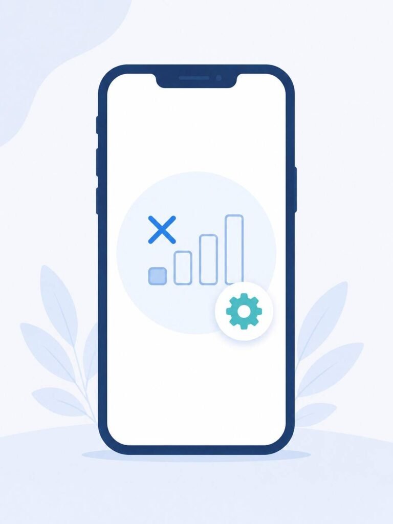 Smartphone showing empty signal bars and a settings icon representing an eSIM with no signal after activation
