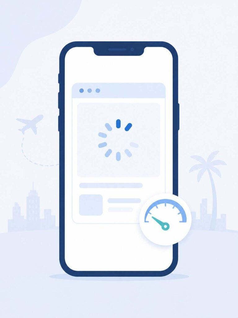 Smartphone showing a loading spinner and slow-speed gauge representing sluggish eSIM data while traveling