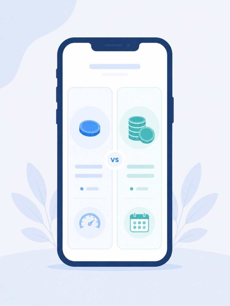 Smartphone showing a single coin icon and a stacked coin calendar icon representing two pricing models