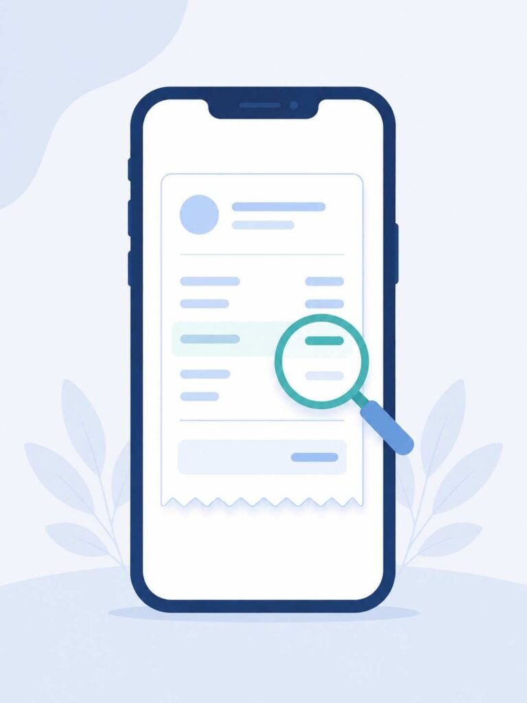 Smartphone displaying a receipt icon with a magnifying glass representing checking for hidden fees