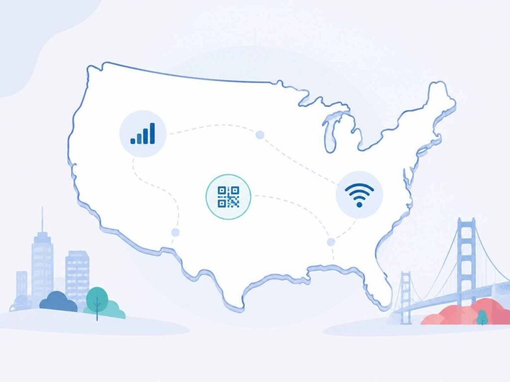 Simplified map of the USA with signal, QR code, and Wi-Fi icons representing different connectivity options