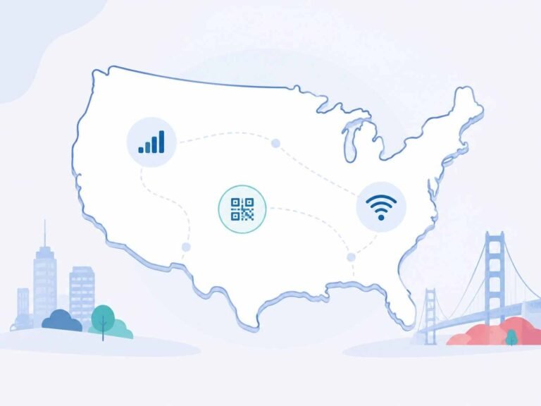 Simplified map of the USA with signal, QR code, and Wi-Fi icons representing different connectivity options